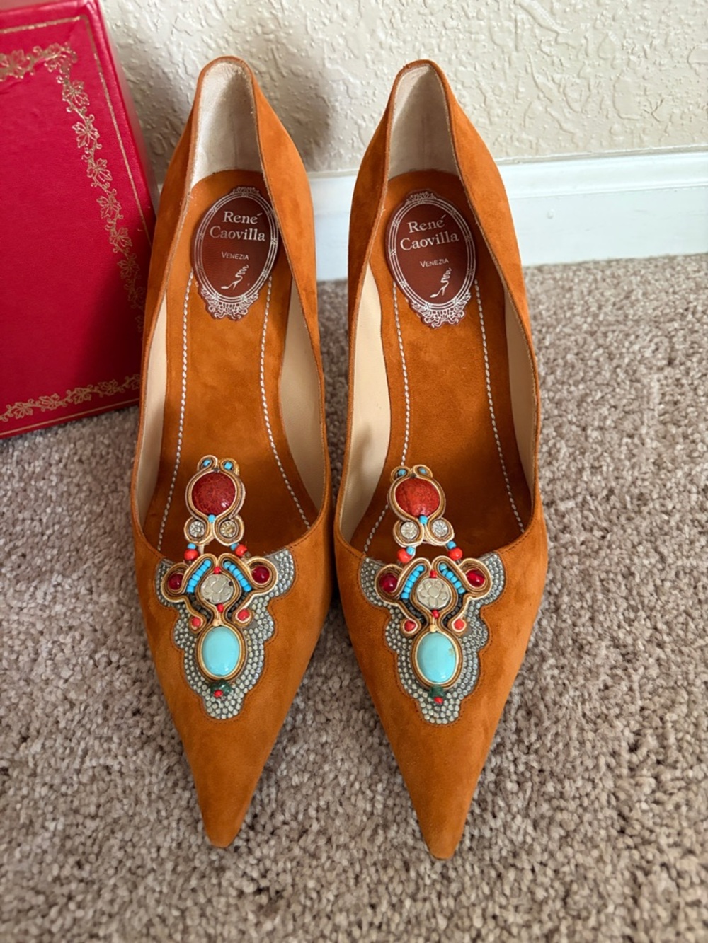 Rene Caovilla Orange Suede Pointed Toe Embellished Heels